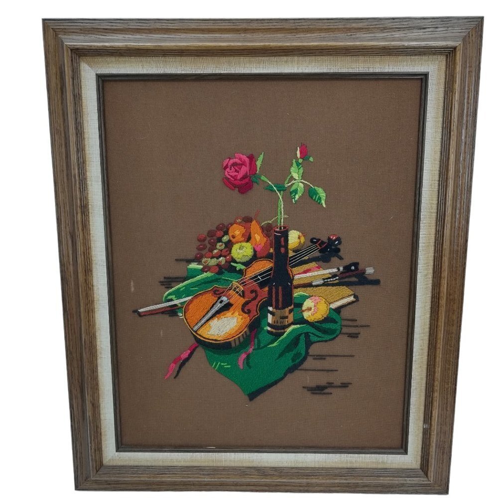 Vintage Completed Crewel Embroidery Picture Violin Rose Fruit Wine Romantic 70s